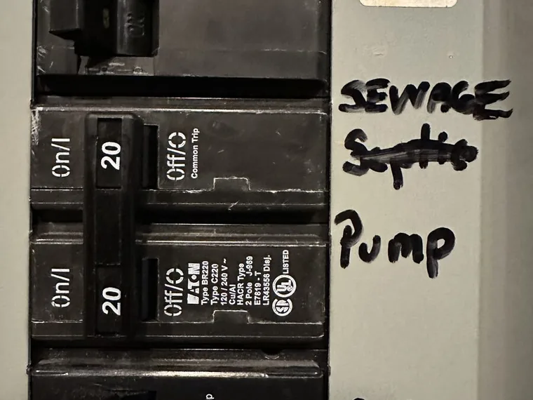 Labeled septic pump breaker traced and tested by SepticRooter™ in Chattanooga & Southeast Tennessee, Georgia