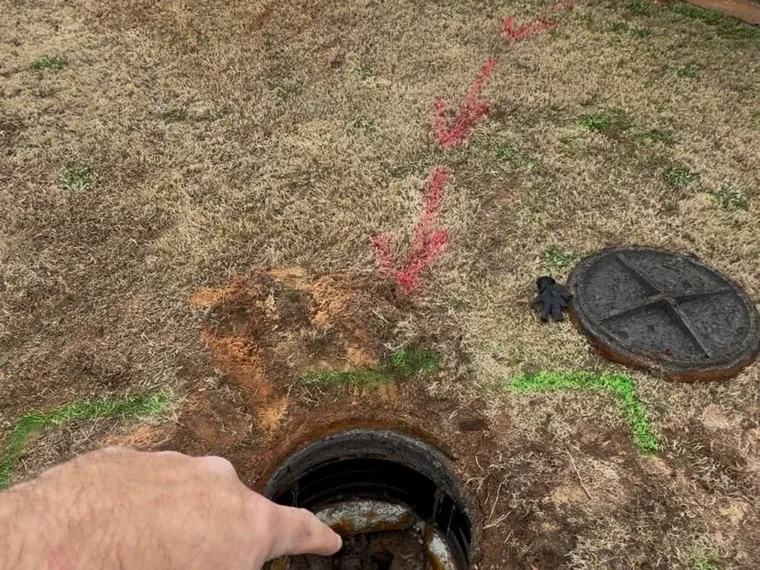SepticRooter inspector pointing into an opened septic tank riser during an inspection